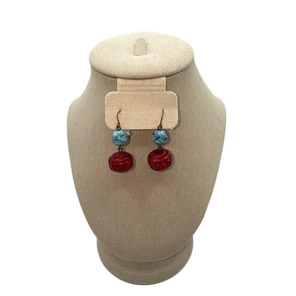 Vtg Turquoise Red Stone Wood Dangle Festival BOHO Southwestern Earrings - Picture 2 of 5